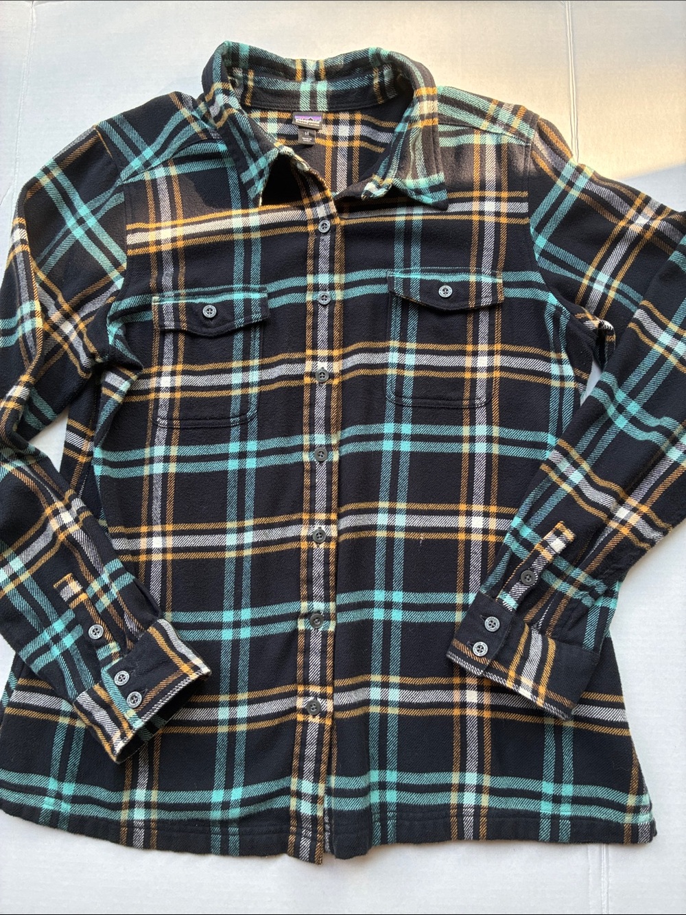 Patagonia Navy Plaid Button-Down Shirt with Stripes - 100% Organic Cotton